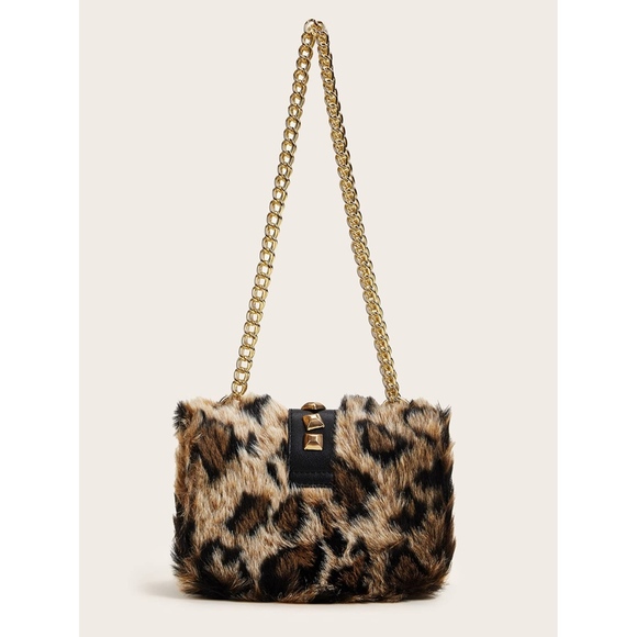 Leopard Print Fur Studs Metal Lock Crossbody Bag - Picture 3 of 6
